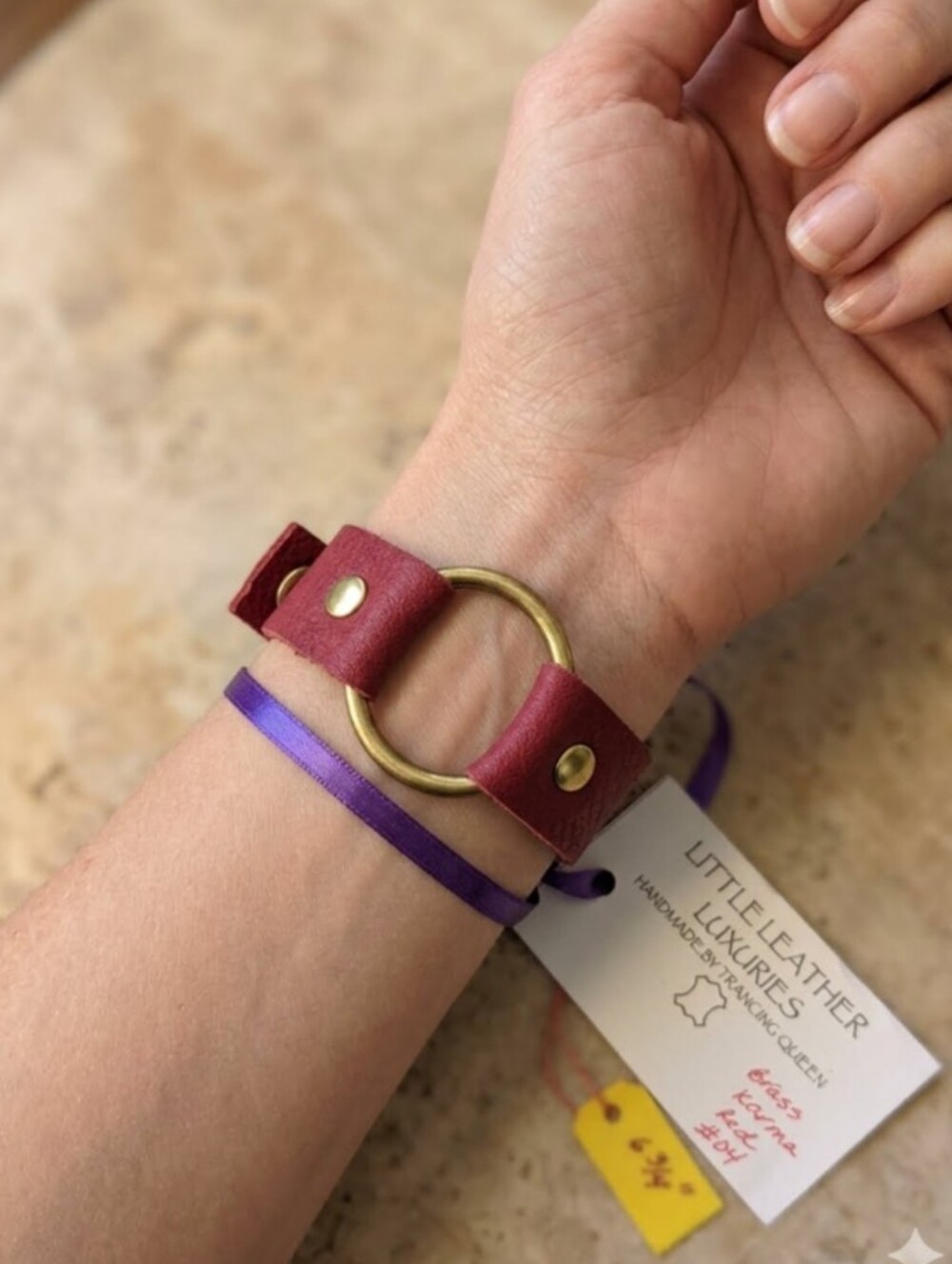 Handmade Genuine Leather Karma Circle Bracelet Brass Red #04